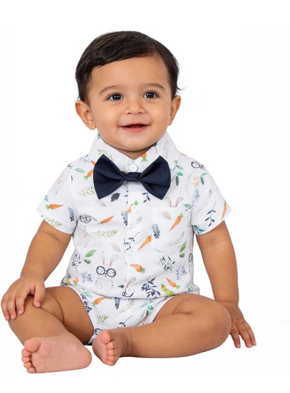NWT Yruiz Baby Boy Button Down SS Romper with Bowtie Sz 18-24 Mths Bunny Easter